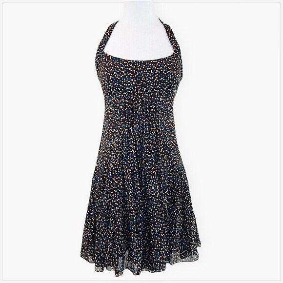 BCBGMaxazria BCBG Brown Polka Dot 100% Silk Empire Waist Halter Tiered Dress S - Picture 1 of 4